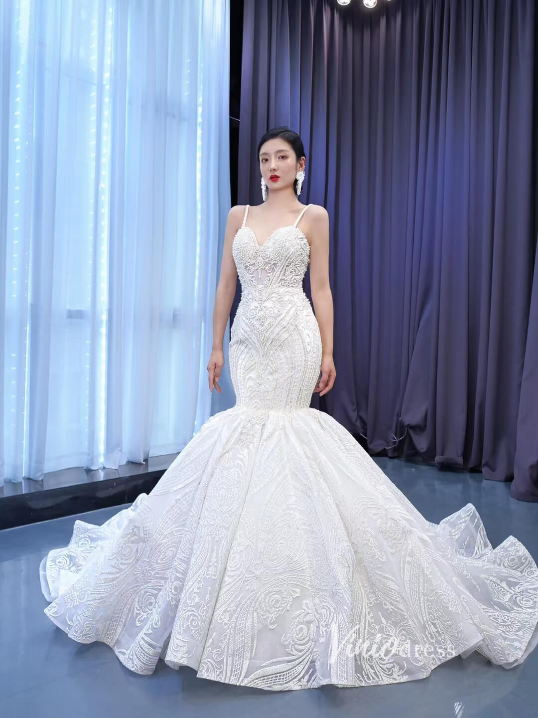 Vintage Beaded Mermaid Wedding Dresses Spaghetti Strap 67515-wedding dresses 2025 -Viniodress-Ivory-Custom Size-