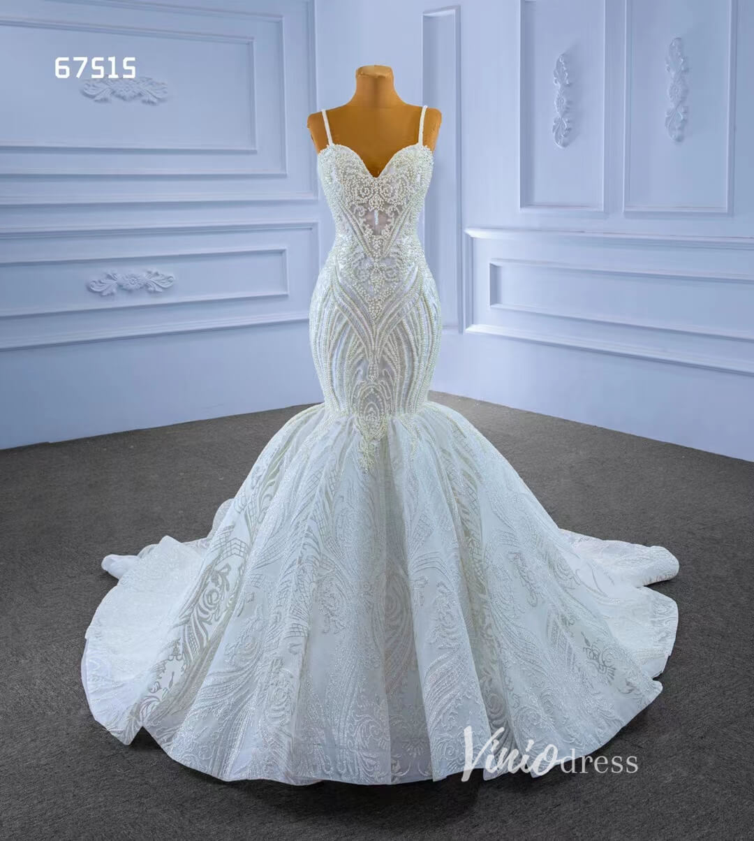 Vintage Beaded Mermaid Wedding Dresses Spaghetti Strap 67515 – Viniodress Vintage Beaded Mermaid Wedding Dresses Spaghetti Strap 67515 – Viniodress
