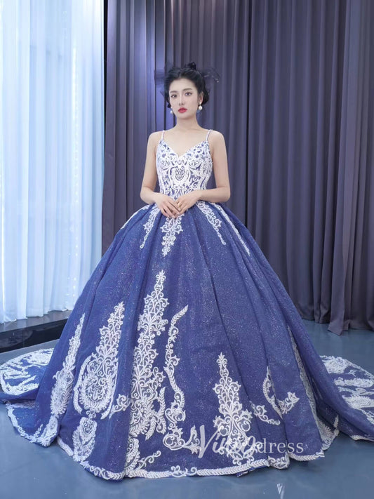 Vintage Blue Ball Gowns Sparkly Lace Appliqued Quince Dresses 222174-Quinceanera Dresses 2025 -Viniodress-Blue-Custom Size-