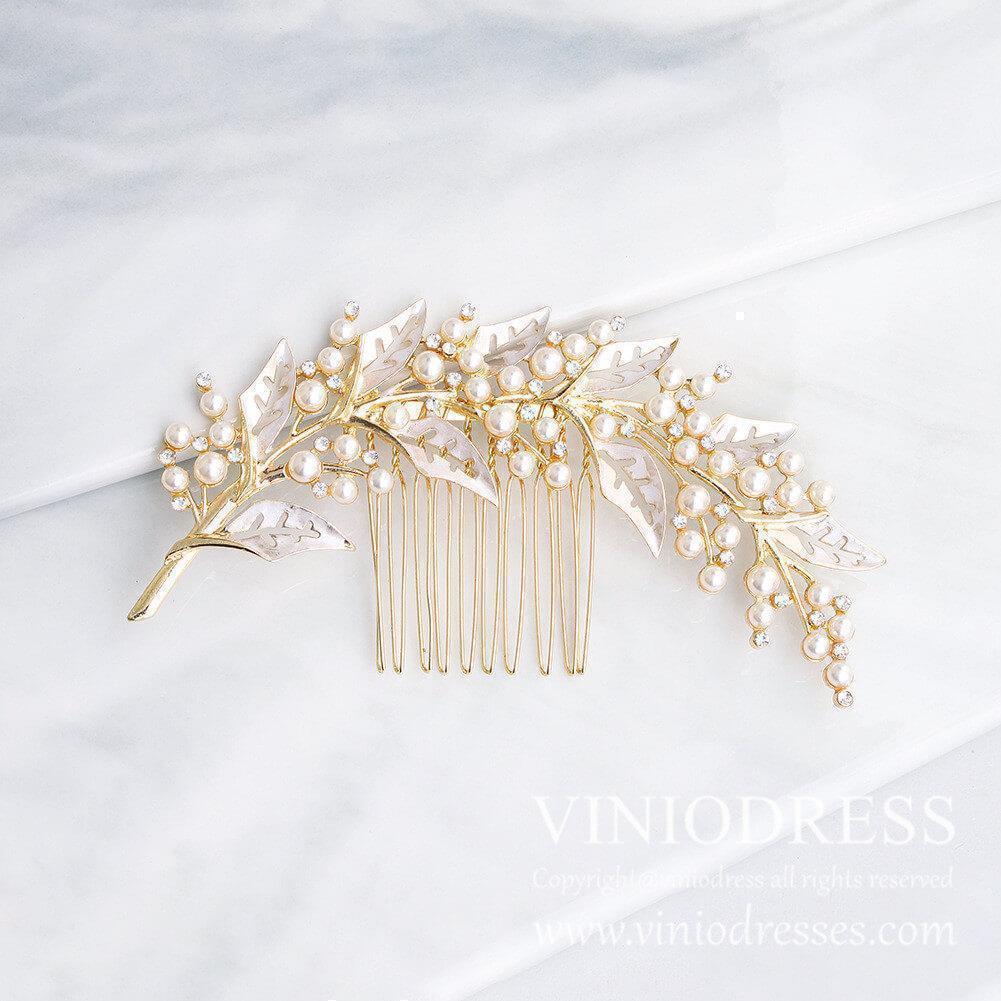 Vintage Bridal Comb with Pearl and Leaf AC1066-Headpieces-Viniodress-Viniodress