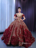 Vintage Burgundy Flower Ball Gown Sweet 16 Dress Gold Lace Quince Dress 67511