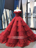Vintage Dark Red Lace Prom Dresses Off Shoulder Princess Dress FD1217 viniodress
