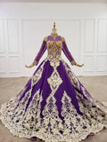 Vintage Deep Purple Ball Gown High Neck Gold Lace Muslim Formal Dress FD2165 viniodress