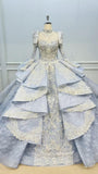 Vintage Dusty Blue Dubai Wedding Dress High Neck Long Sleeve Ball Gowns 51004 viniodress