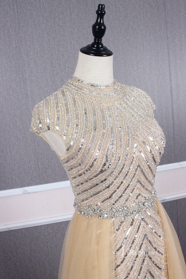 Vintage Gold Beaded Formal Evening Dress Overskirt Prom Dress FD2375-prom dresses-Viniodress-Viniodress