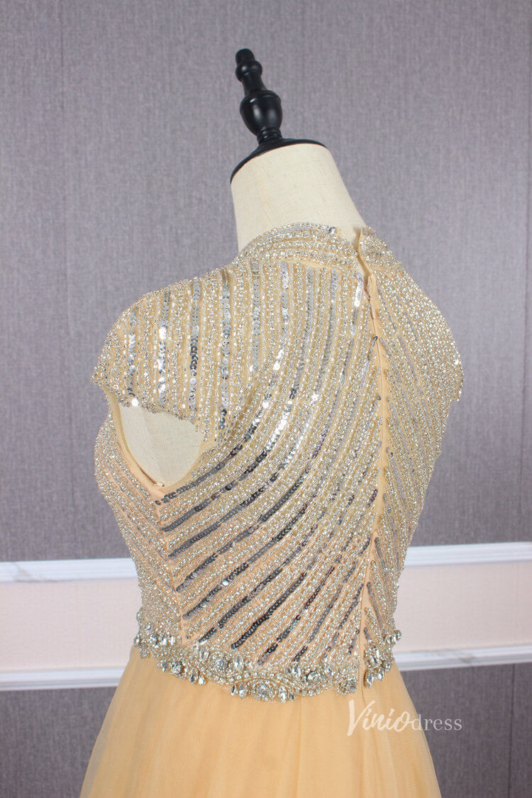 Vintage Gold Beaded Formal Evening Dress Overskirt Prom Dress FD2375-prom dresses-Viniodress-Viniodress