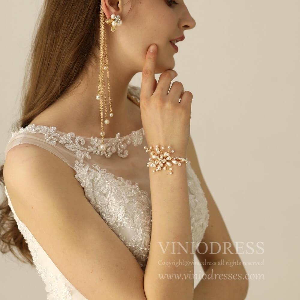 Vintage Gold Pearl Bridal Cuff Bracelet AC1094-Bridal Jewelry-Viniodress-As Picture-Viniodress