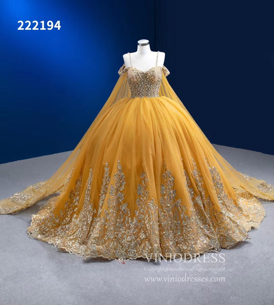 Vintage Gold Wedding Dress Cape Sleeve Cinderella Ball Gown 222194-Quinceanera Dresses 2025 -Viniodress-Gold-Custom Size-