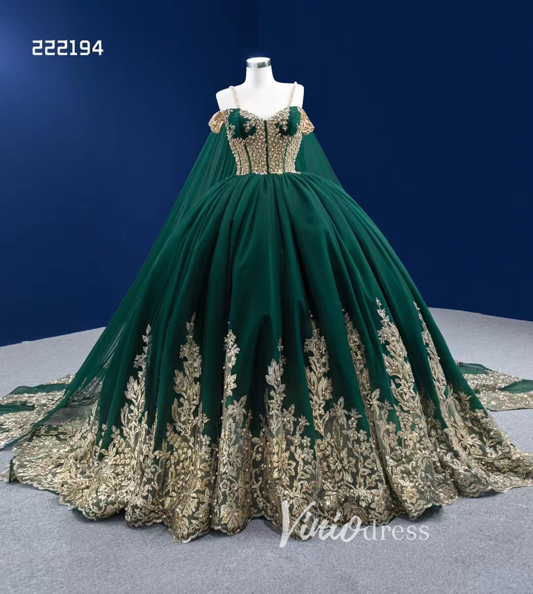 Vintage Gold Wedding Dress Cape Sleeve Cinderella Ball Gown 222194-Quinceanera Dresses 2025 -Viniodress-Gold-Custom Size-