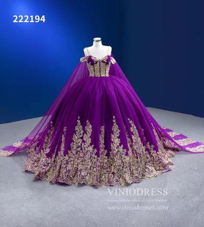 Vintage Gold Wedding Dress Cape Sleeve Cinderella Ball Gown 222194-Quinceanera Dresses 2025 -Viniodress-Gold-Custom Size-