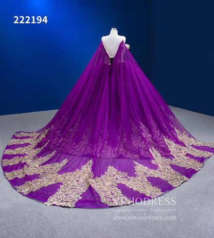 Vintage Gold Wedding Dress Cape Sleeve Cinderella Ball Gown 222194-Quinceanera Dresses 2025 -Viniodress-Gold-Custom Size-