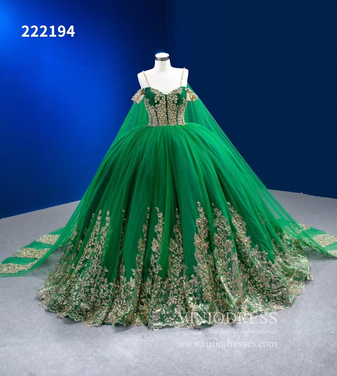 Vintage Gold Wedding Dress Cape Sleeve Cinderella Ball Gown 222194-Quinceanera Dresses 2025 -Viniodress-Gold-Custom Size-