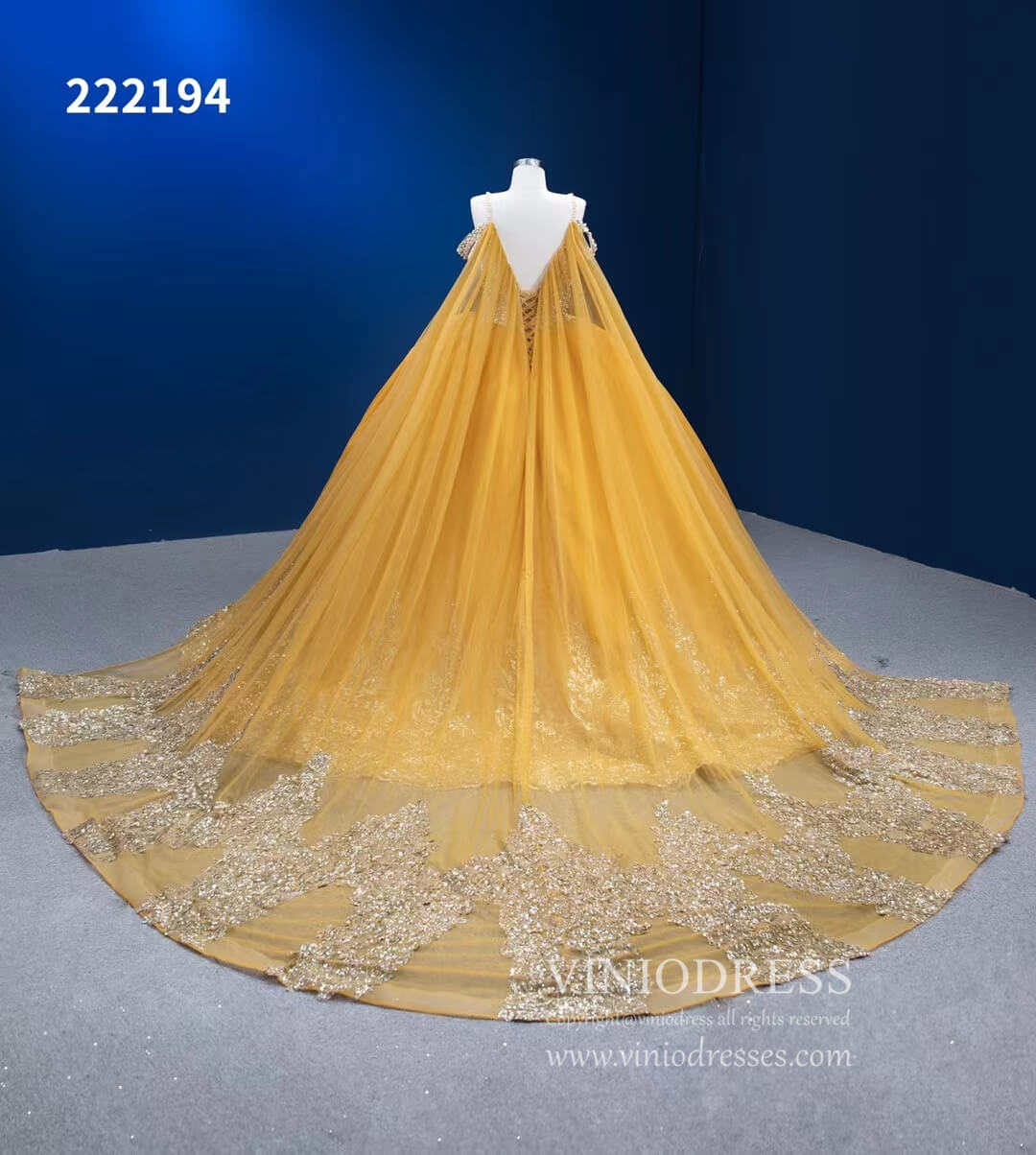 Vintage Gold Wedding Dress Cape Sleeve Cinderella Ball Gown 222194-Quinceanera Dresses 2025 -Viniodress-Gold-Custom Size-