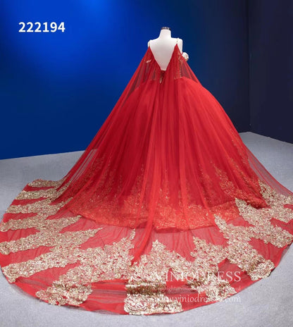 Vintage Gold Wedding Dress Cape Sleeve Cinderella Ball Gown 222194-Quinceanera Dresses 2025 -Viniodress-Gold-Custom Size-