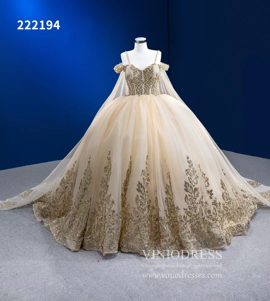 Vintage Gold Wedding Dress Cape Sleeve Cinderella Ball Gown 222194-Quinceanera Dresses 2025 -Viniodress-Gold-Custom Size-