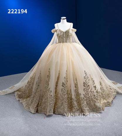 Vintage Gold Wedding Dress Cape Sleeve Cinderella Ball Gown 222194-Quinceanera Dresses 2025 -Viniodress-Gold-Custom Size-