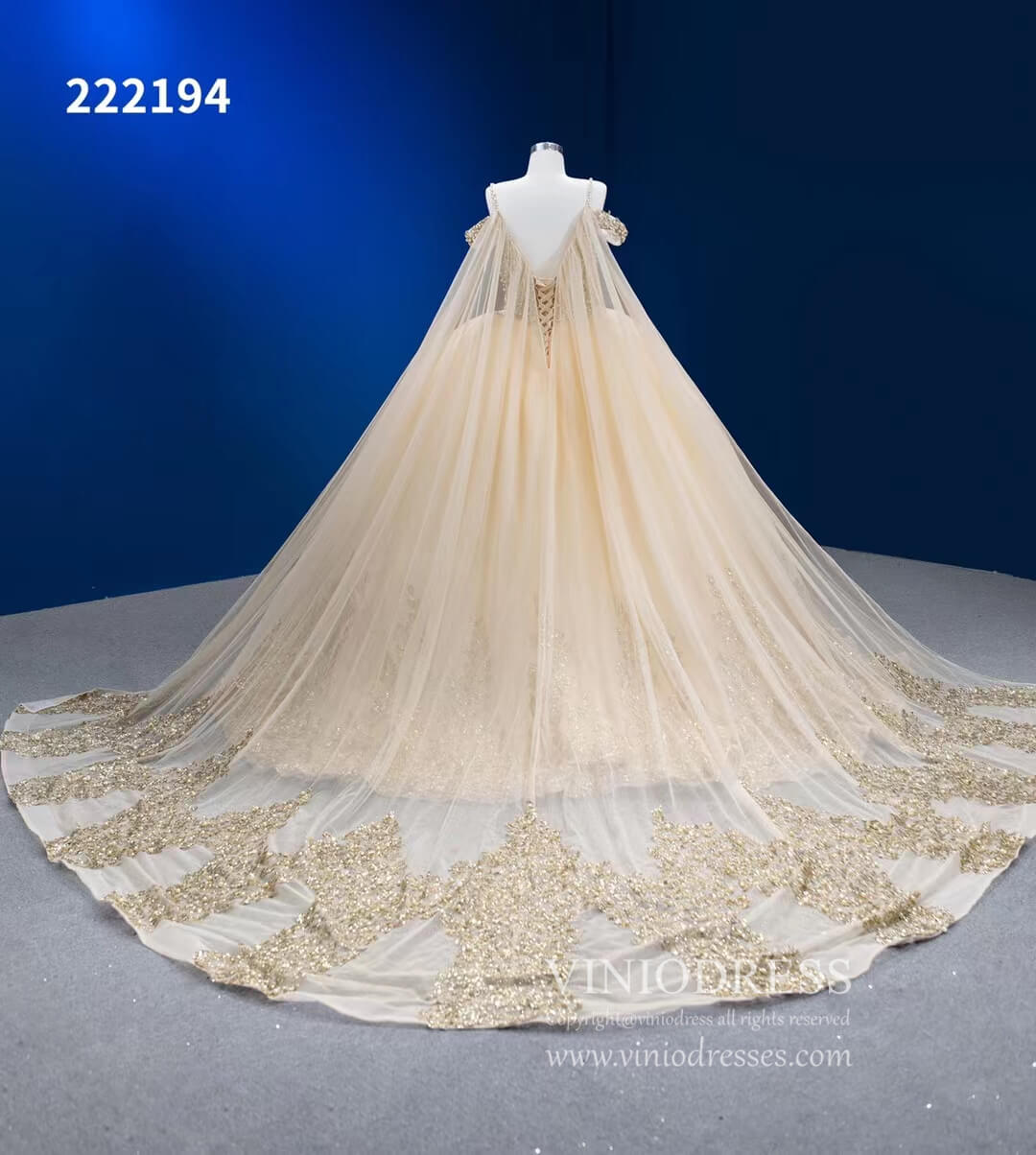 Vintage Gold Wedding Dress Cape Sleeve Cinderella Ball Gown 222194-Quinceanera Dresses 2025 -Viniodress-Gold-Custom Size-