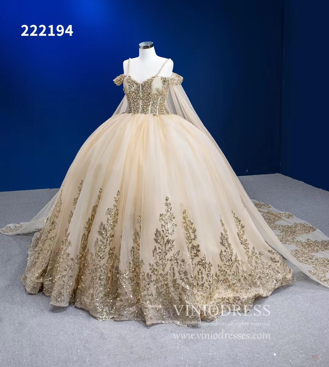 Vintage Gold Wedding Dress Cape Sleeve Cinderella Ball Gown 222194-Quinceanera Dresses 2025 -Viniodress-Gold-Custom Size-