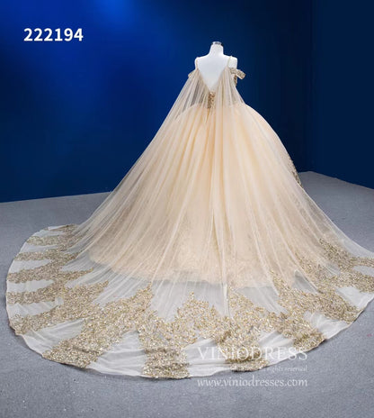 Vintage Gold Wedding Dress Cape Sleeve Cinderella Ball Gown 222194-Quinceanera Dresses 2025 -Viniodress-Gold-Custom Size-