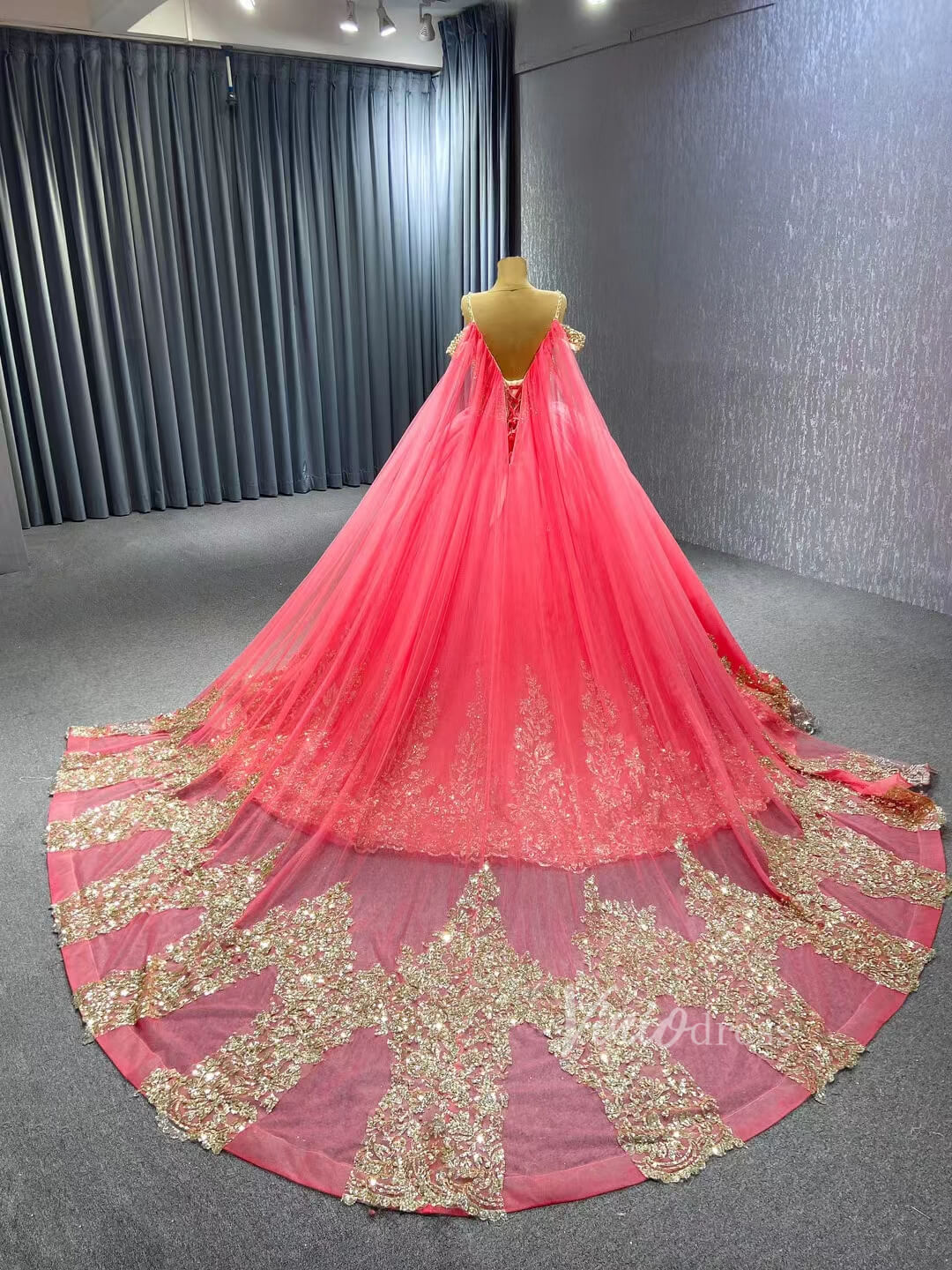 Vintage Gold Wedding Dress Cape Sleeve Cinderella Ball Gown 222194-Quinceanera Dresses 2025 -Viniodress-Gold-Custom Size-