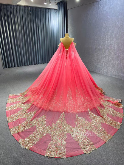 Vintage Gold Wedding Dress Cape Sleeve Cinderella Ball Gown 222194-Quinceanera Dresses 2025 -Viniodress-Gold-Custom Size-