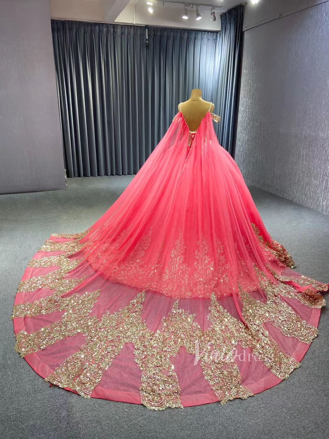 Vintage Gold Wedding Dress Cape Sleeve Cinderella Ball Gown 222194-Quinceanera Dresses 2025 -Viniodress-Gold-Custom Size-