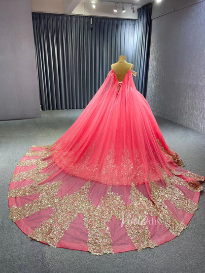 Vintage Gold Wedding Dress Cape Sleeve Cinderella Ball Gown 222194-Quinceanera Dresses 2025 -Viniodress-Gold-Custom Size-