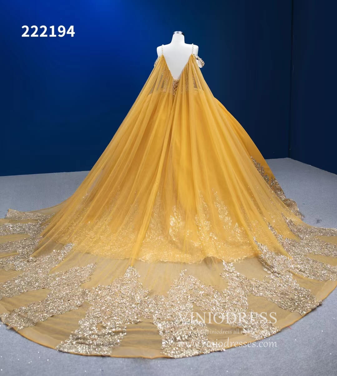 Vintage Gold Wedding Dress Cape Sleeve Cinderella Ball Gown 222194-Quinceanera Dresses 2025 -Viniodress-Gold-Custom Size-