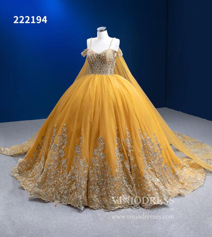 Vintage Gold Wedding Dress Cape Sleeve Cinderella Ball Gown 222194-Quinceanera Dresses 2025 -Viniodress-Gold-Custom Size-