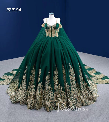Vintage Gold Wedding Dress Cape Sleeve Cinderella Ball Gown 222194-Quinceanera Dresses 2025 -Viniodress-Gold-Custom Size-
