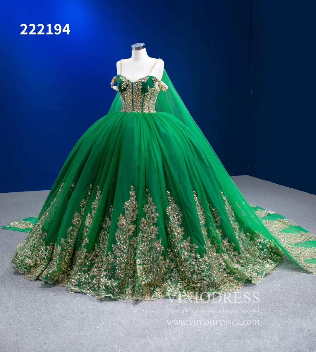 Vintage Gold Wedding Dress Cape Sleeve Cinderella Ball Gown 222194-Quinceanera Dresses 2025 -Viniodress-Green-Custom Size-