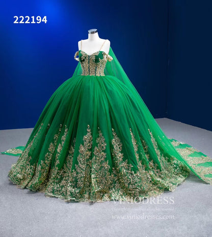 Vintage Gold Wedding Dress Cape Sleeve Cinderella Ball Gown 222194-Quinceanera Dresses 2025 -Viniodress-Green-Custom Size-