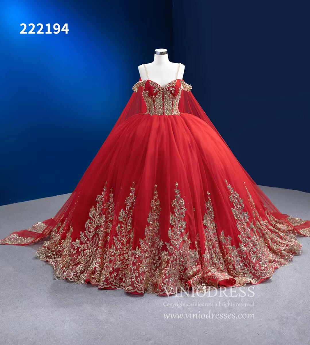 Vintage Gold Wedding Dress Cape Sleeve Cinderella Ball Gown 222194-Quinceanera Dresses 2025 -Viniodress-Red-Custom Size-