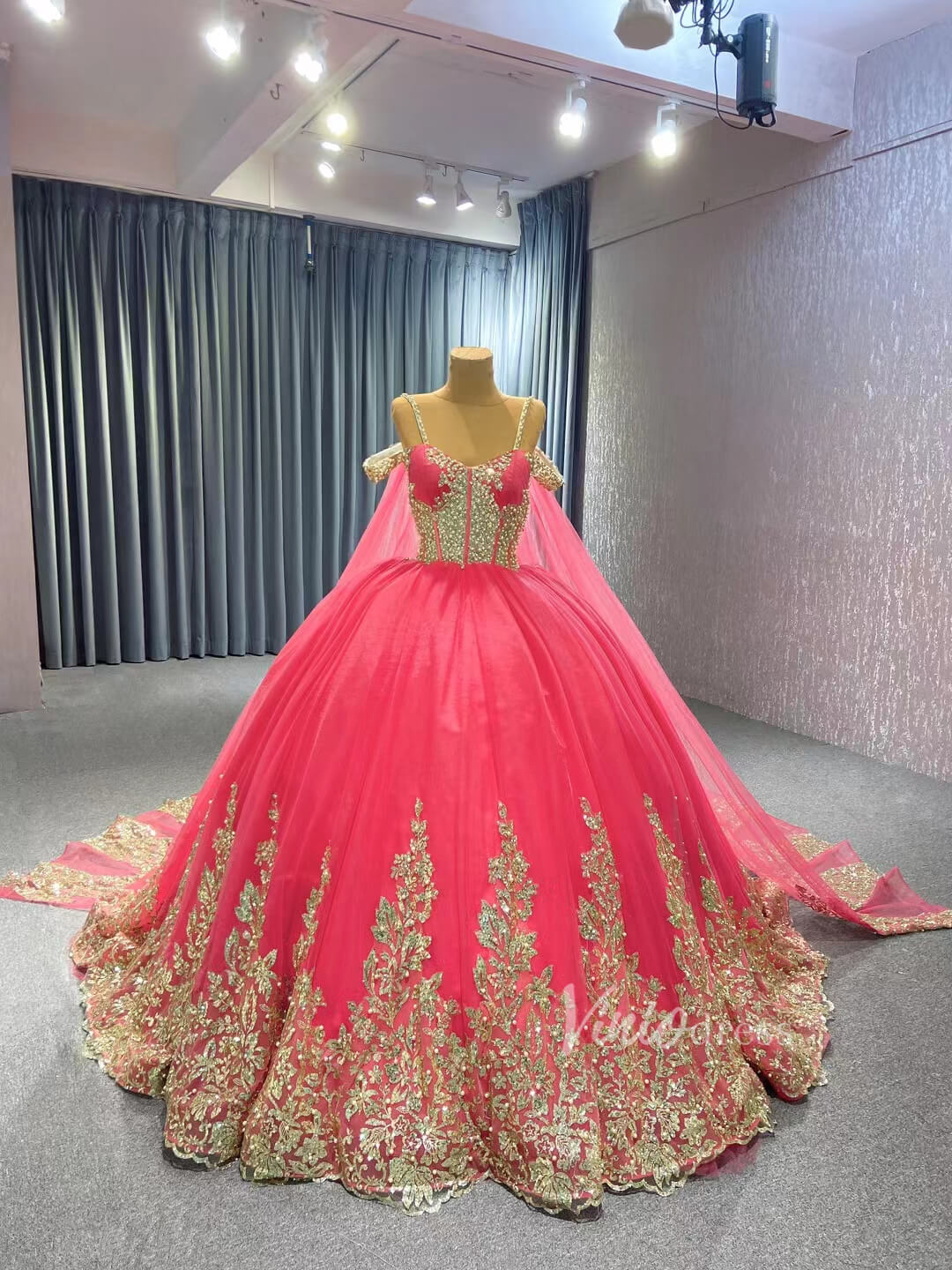 Vintage Gold Wedding Dress Cape Sleeve Cinderella Ball Gown 222194-Quinceanera Dresses 2025 -Viniodress-Watermelon-Custom Size-