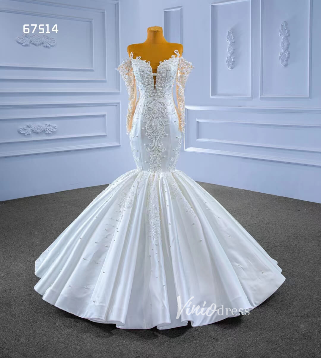 Vintage Lace Appliqued Mermaid Wedding Dresses with Long Sleeves 67514-wedding dresses-Viniodress-Viniodress
