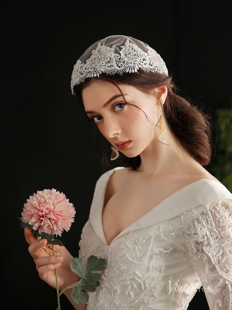 Vintage Lace Headpiece Bridal Veil Viniodress AC1295-Bridal Veil 2025 -Viniodress-Ivory-