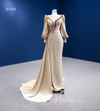 Vintage Long Puff Sleeve Prom Dress Beaded Champagne Sheath Formal Dresses 67432