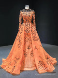 Vintage Long Sleeve Orange Prom Dresses High Neck Formal Dress FD2404 viniodress