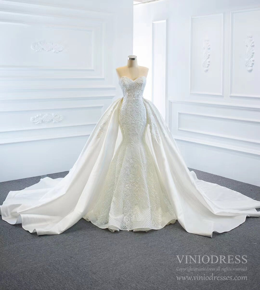 Vintage Mermaid Lace Wedding Dresses with Removable Skirt VW1801-wedding dresses 2025 -Viniodress-Ivory-Custom Size-