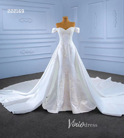 Vintage Mermaid Satin Wedding Dresses with Removable Overskirt 222169-wedding dresses 2025 -Viniodress-Ivory-Custom Size-