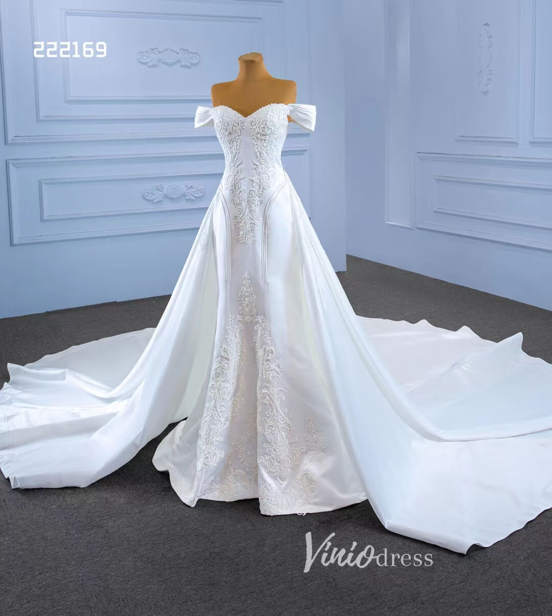 Vintage Mermaid Satin Wedding Dresses with Removable Overskirt 222169-wedding dresses 2025 -Viniodress-Ivory-Custom Size-