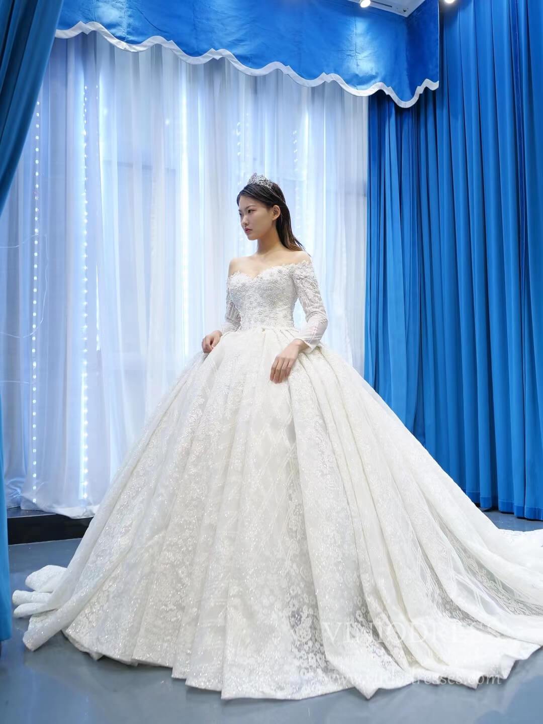 Vintage Off the Shoulder Beaded Lace Wedding Dresses with Long Sleeves 67224-wedding dresses 2025 -Viniodress-Ivory-Custom Size-