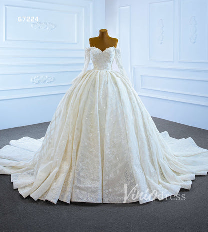 Vintage Off the Shoulder Beaded Lace Wedding Dresses with Long Sleeves 67224-wedding dresses 2025 -Viniodress-Ivory-Custom Size-