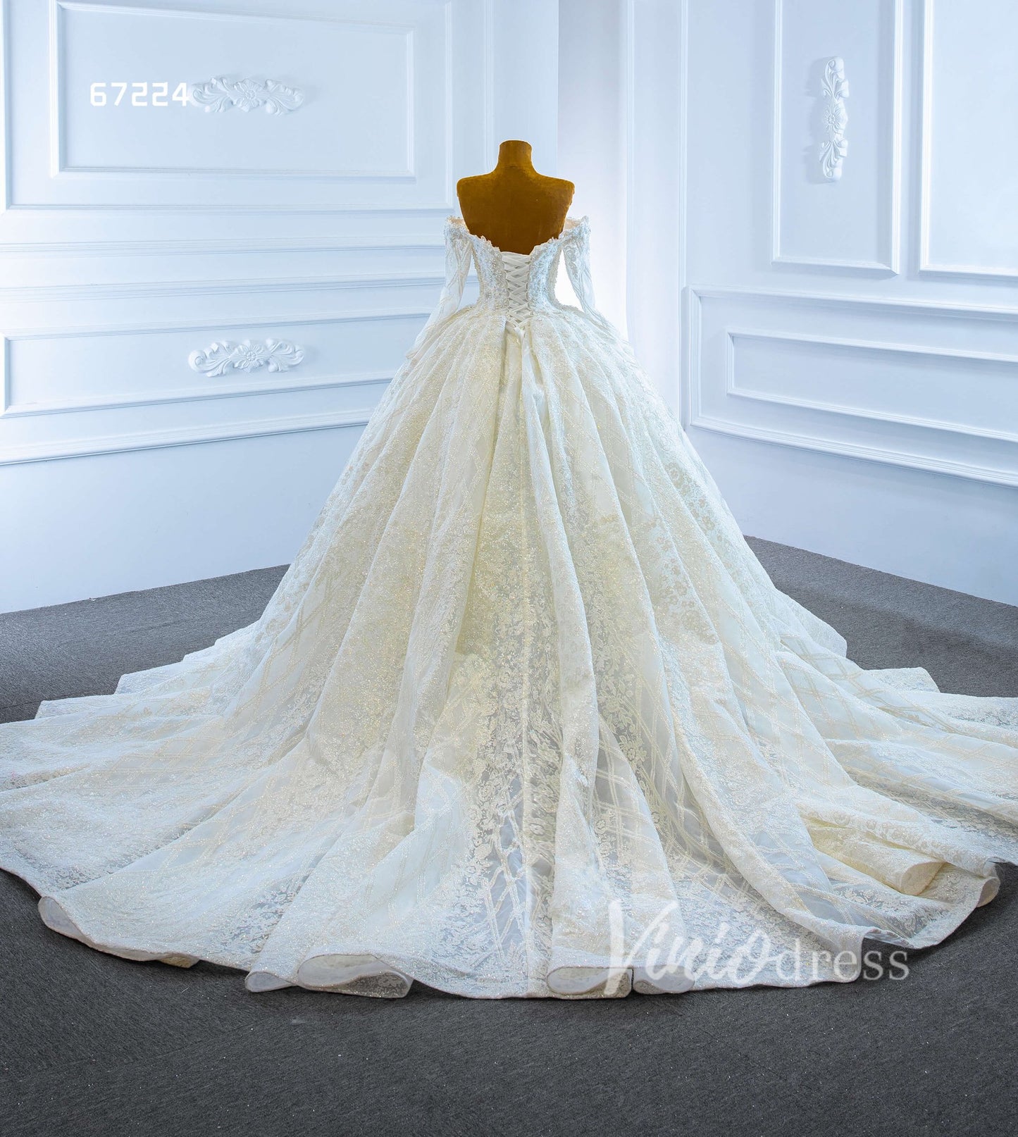 Vintage Off the Shoulder Beaded Lace Wedding Dresses with Long Sleeves 67224-wedding dresses 2025 -Viniodress-Ivory-Custom Size-