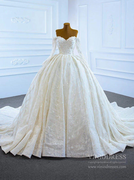 Vintage Off the Shoulder Beaded Lace Wedding Dresses with Long Sleeves 67224-wedding dresses 2025 -Viniodress-Ivory-Custom Size-