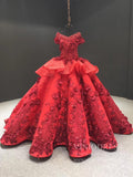 Vintage Red Floral Wedding Gown 3D Flower Princess Dress 66878 Cap Sleeve
