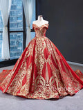Vintage Red & Gold Sequin Ball Gown Prom Dresses FD1971 viniodress