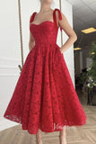 Vintage Red Lace Midi Prom Dress with Pockets Party Dress FD2662