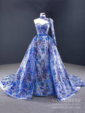 Vintage Royal Blue Floral Lace Pageant Gown One Shoulder Long Sleeve Formal Dress 67028
