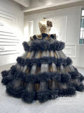 Vintage Ruffled Black Ball Gown One Shoulder Quince Dress FD1679B viniodress